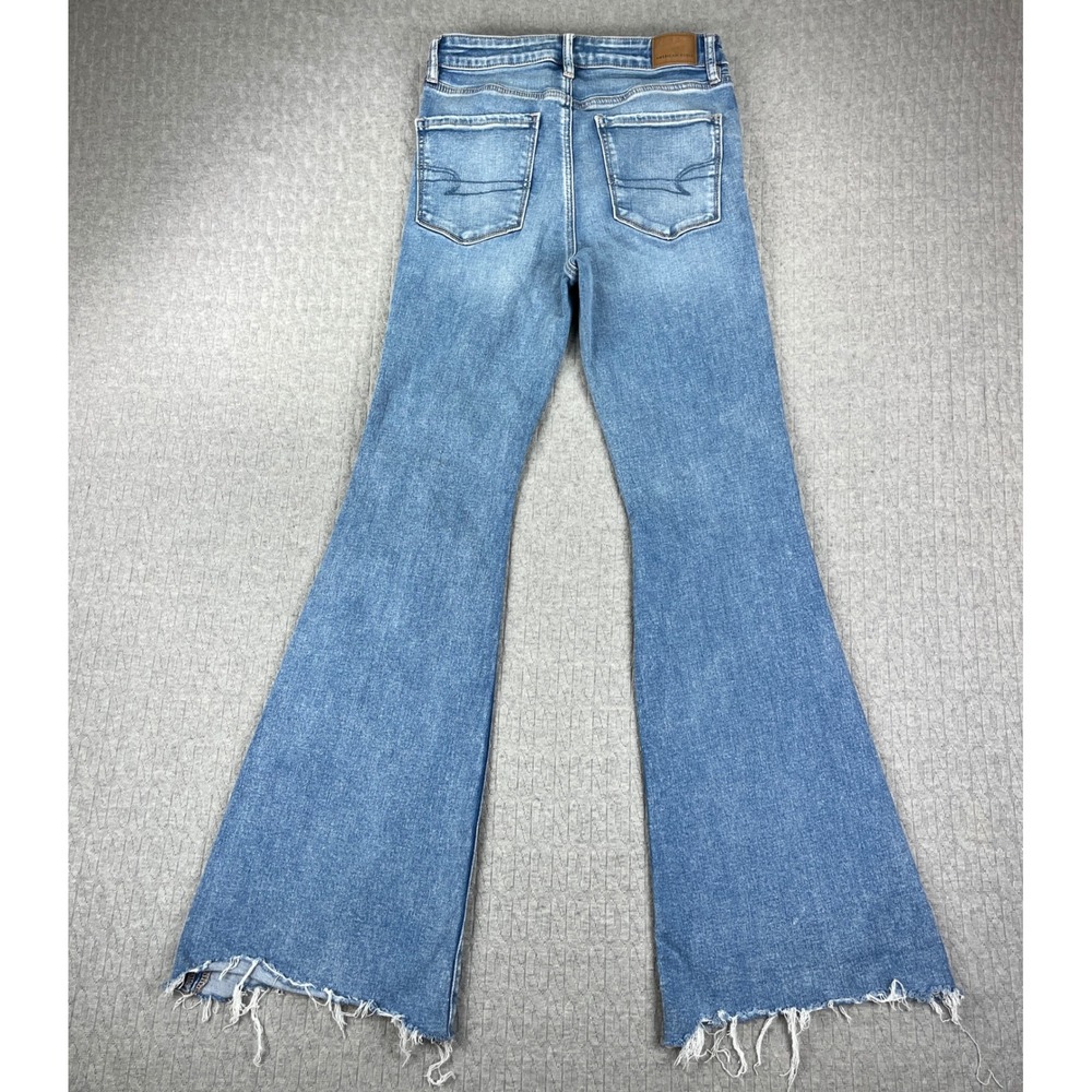 American Eagle Bootcut Flare Jeans Women 6/26x30 Blue Hi-Rise Distressed Raw Hem - Picture 5 of 13